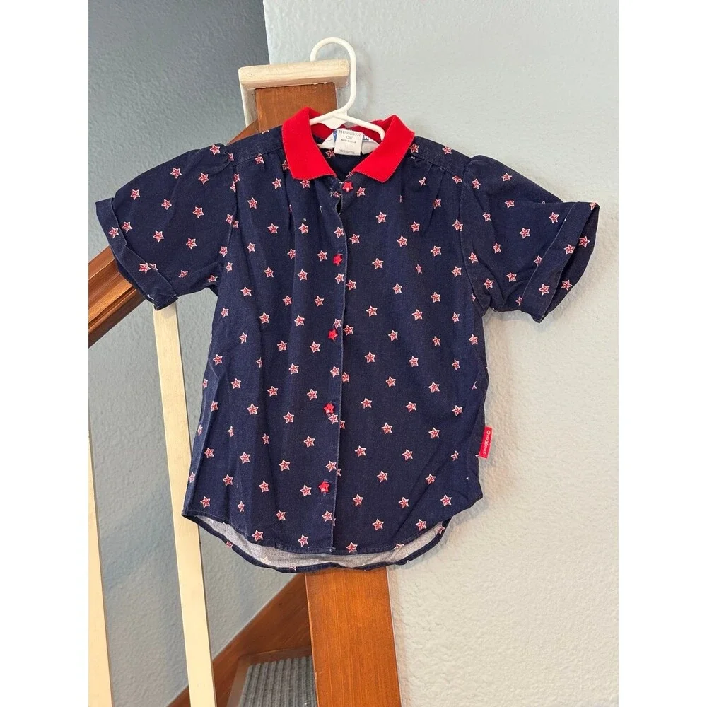 Vtg OshKosh B'gosh Blue Red Star Print Button Down Shirt Size 6 USA patriotic
